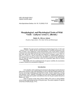 Morphological and Physiological Traits of Wild Vetch – Lathyrus Vernus L