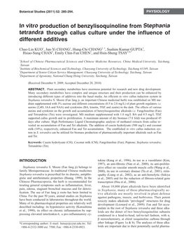 In Vitro Production of Benzylisoquinoline from Stephania Tetrandra Through Callus Culture Under the Influence of Different Additives