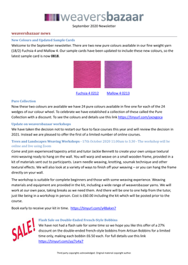 September 2020 Newsletter Weaversbazaar News New Colours and Updated Sample Cards Welcome to the September Newsletter