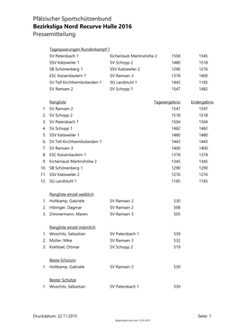 Pfälzischer Sportschützenbund Bezirksliga Nord Recurve Halle 2016 Pressemitteilung