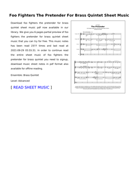 Foo Fighters the Pretender for Brass Quintet Sheet Music