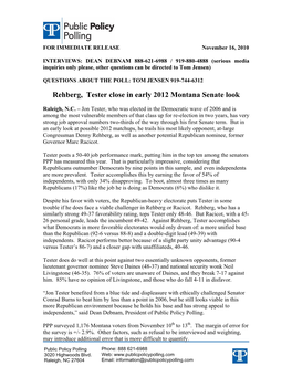 Rehberg, Tester Close in Early 2012 Montana Senate Look