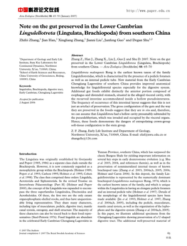 Lingulata, Brachiopoda) from Southern China Zhifei Zhang,1 Jian Han,1 Xingliang Zhang,1 Jianni Liu1, Junfeng Guo1 and Degan Shu1,2