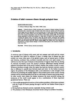 S Monsoon Climate Through Geological Times