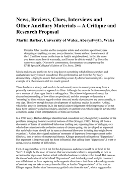 News, Reviews, Clues, Interviews and Other Ancillary Materials -- a Critique and Research Proposal Martin Barker, University of Wales, Aberystwyth, Wales