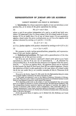 Representation of Jordan and Lie Algebras