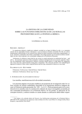 La Defensa De La Comunidad: Sobre Las Funciones Emblemáticas De Las Murallas Protohistóricas En La Península Ibérica