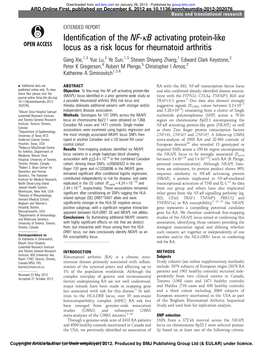 Identification of the NF-Κb Activating Protein-Like Locus As a Risk Locus for Rheumatoid Arthritis