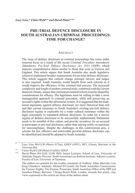 Pre-Trial Defence Disclosure in South Australian Criminal Proceedings: Time for Change?