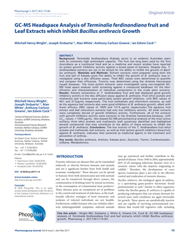 GC-MS Headspace Analysis of Terminalia Ferdinandiana Fruit and Leaf Extracts Which Inhibit Bacillus Anthracis Growth