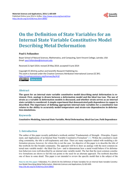 On the Definition of State Variables for an Internal State Variable Constitutive Model Describing Metal Deformation