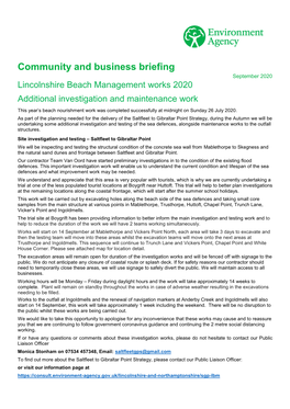 Community and Business Briefing September 2020 Lincolnshire Beach Management Works 2020