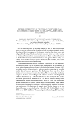 Revised Distribution of the African Freshwater Crab Genus Deckenia Hilgendorf, 1868 (Brachyura, Potamoidea, Deckeniidae)