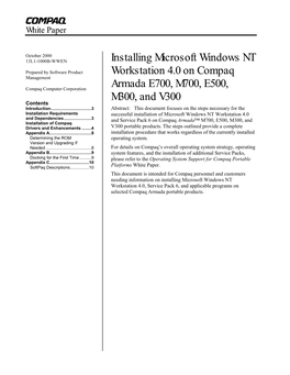 Installing Microsoft Windows NT Workstation 4.0 on Compaq Armada E700, M700, E500, M300, and V300 2