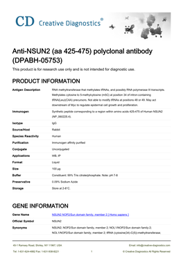 Anti-NSUN2 (Aa 425-475) Polyclonal Antibody (DPABH-05753) This Product Is for Research Use Only and Is Not Intended for Diagnostic Use
