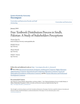 Free Textbook Distribution Process in Sindh, Pakistan: a Study of Stakeholders Perceptions Wasim Qazi Dr