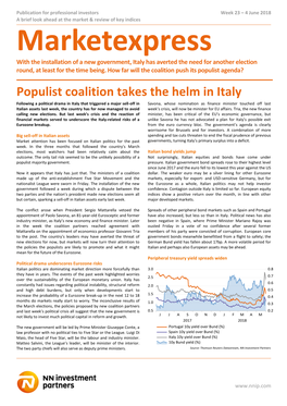 Marketexpress with the Installation of a New Government, Italy Has Averted the Need for Another Election Round, at Least for the Time Being