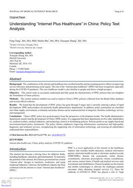 “Internet Plus Healthcare” in China: Policy Text Analysis