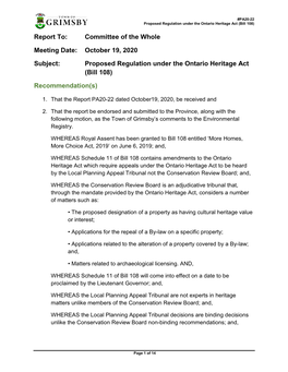 Proposed Regulation Under the Ontario Heritage Act (Bill 108)