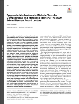 Epigenetic Mechanisms in Diabetic Vascular Complications and Metabolic Memory: the 2020 Edwin Bierman Award Lecture