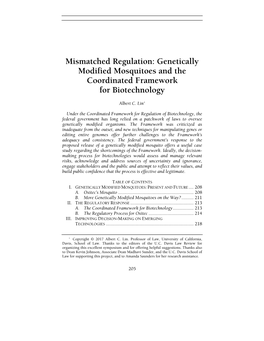 Genetically Modified Mosquitoes and the Coordinated Framework for Biotechnology