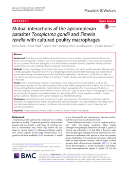 Eimeria Tenella with Cultured Poultry Macrophages Runhui Zhang1*, Ahmed Thabet1,2, Lysanne Hiob1,4, Wanpeng Zheng1, Arwid Daugschies1,4 and Berit Bangoura1,3