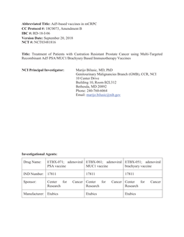 Ad5-Based Vaccines in Mcrpc CC Protocol #: 18C0073, Amendment B IBC #: RD-18-I-06 Version Date: September 20, 2018 NCT #: NCT03481816