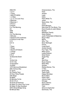 SELFIE Chainsmokers, the 1 2 3 4 Feist 1 Thing Amerie 1-800-273