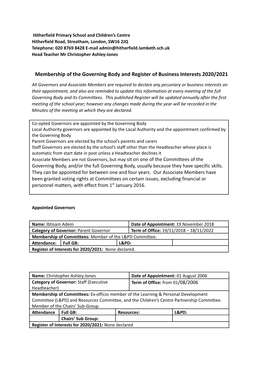 Hitherfield Register of Business Interests 2020/2021