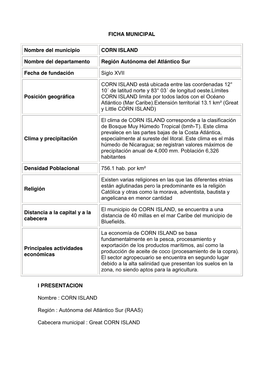 FICHA MUNICIPAL Nombre Del Municipio CORN ISLAND Nombre