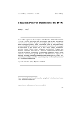Education Policy in Ireland Since the 1940S Barney O’Reilly