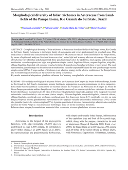 Morphological Diversity of Foliar Trichomes in Asteraceae from Sand- Fields of the Pampa Biome, Rio Grande Do Sul State, Brazil