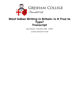 West Indian Writing in Britain: Is It True to Type? Transcript