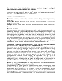 The Unique Frozen Tombs of the Scythians Threatened by Climate Change: Archaeological Survey and Permafrost Research in the Altay Mountains