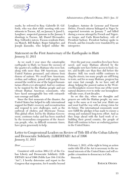 Statement on the First Anniversary of the Earthquake in Haiti Letter To