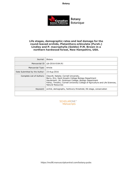 Life Stages, Demographic Rates and Leaf Damage for the Round-Leaved Orchids, Platanthera Orbiculata (Pursh.) Lindley and P