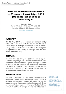 First Evidence of Reproduction of Trithemis Kirbyi Selys, 1891 (Odonata: Libellulidae) in Portugal