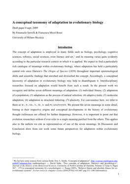 A Conceptual Taxonomy of Adaptation in Evolutionary Biology Draft Paper 4 Sept