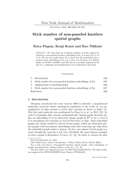 New York Journal of Mathematics Stick Number of Non-Paneled Knotless Spatial Graphs