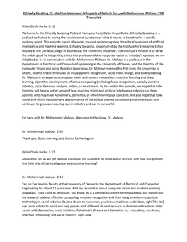 Ethically Speaking #3: Machine Vision and AI Impacts of Patient Care, with Mohammad Mahoor, Phd Transcript