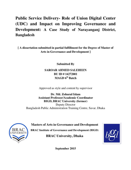 Public Service Delivery- Role of Union Digital Center (UDC) and Impact on Improving Governance and Development: a Case Study of Narayanganj District, Bangladesh