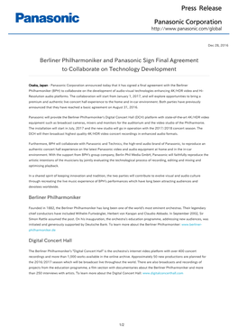 Berliner Philharmoniker and Panasonic Sign Final Agreement to Collaborate on Technology Development