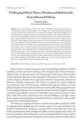 Challenging Political Theory: Pluralism and Method in the Work of Bernard Williams Clayton Chin University of Melbourne