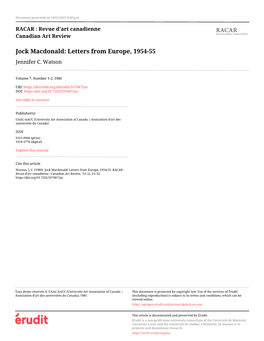 Jock Macdonald: Letters from Europe, 1954-55 Jennifer C