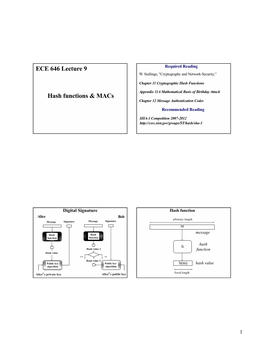 Hash Functions & Macs ECE 646 Lecture 9