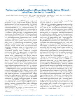 Postlicensure Safety Surveillance of Recombinant Zoster Vaccine (Shingrix) — United States, October 2017–June 2018