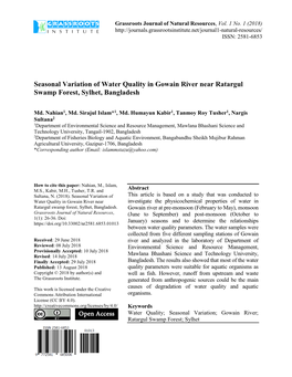 Seasonal Variation of Water Quality in Gowain River Near Ratargul Swamp Forest, Sylhet, Bangladesh