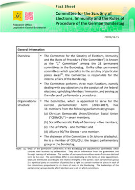 Committee for the Scrutiny of Elections, Immunity and the Rules of Procedure of the German Bundestag Research Office Legislative Council Secretariat