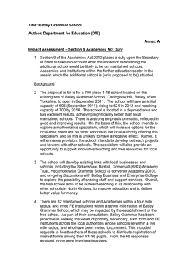 Batley Grammar School: Impact Assessment