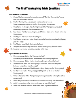 The First Thanksgiving Trivia Questions